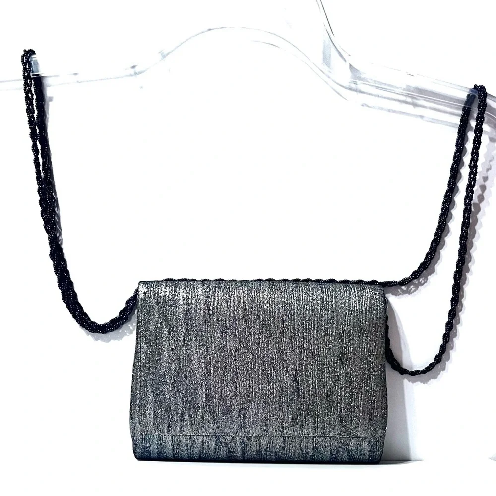 La Regale Elegant Evening Crossbody Bag Black Chain Shimmery Silver Gray Bag